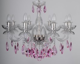 8 Arms Crystal chandelier with smooth glass arms & Cut violet fuchsia almonds