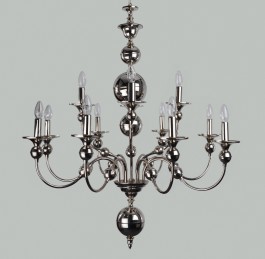 12 Arms silver Dutch chandelier made of manually pressed brass parts
