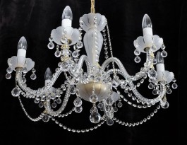Six arm crystal chandelier with white sand blasted glass
