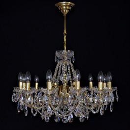 The 12 Arms gold brass crystal chandelier with cut crystal almond. Polished brass.