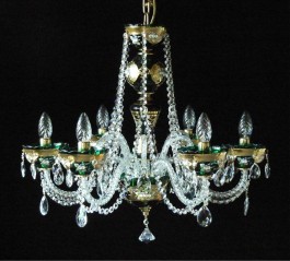 6 Arms Green enameled crystal chandelier with glass flowers on the gold base