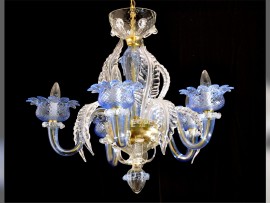 Sky blue Murano chandelier with flowers - 6 bulbs