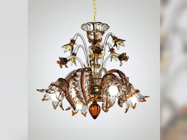 Murano chandelier 6 arms made of clear glass with colored contour (topaz) 1