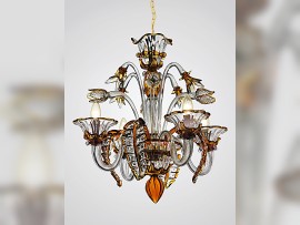 Murano chandelier 6 arms made of clear glass with colored contour (topaz) 2