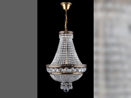 Small chandelier including a ceiling rose in the shape of a Strass basket. 3 bulbs, (W x H): 35 x 52 cm/ 14.3"x21.2", stained brass - patina