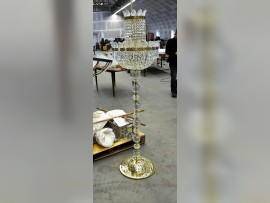 Luxurious Maria Theresa floor lamp with a large rhinestone basket and palm leaves. Massive cut crystal glass.