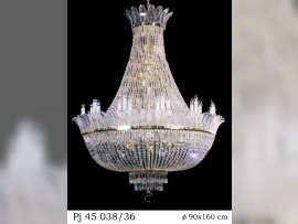 Large basket chandelier with palm leaves and pointed lead crystal prisms