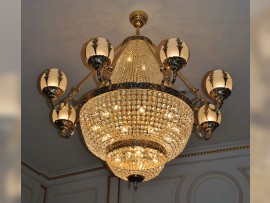 Large basket chandelier with rhinestones, cast brass parts, sandblasted glass, dia 140 cm - custom made