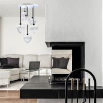 Chandelier with glass hearts in the bedroom interior