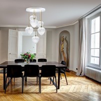 Chandelier with glass hearts in a meeting room