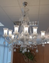 lighted large 10-arm crystal chandelier with crystal bells & cut vases