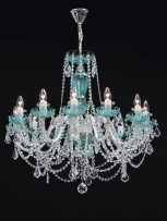 12-arm aquamarine glass chandelier with French pendants