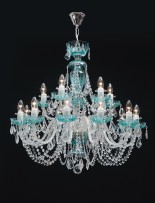 15-arm aquamarine glass chandelier with French pendants