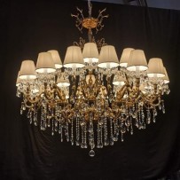 Large crystal chandelier made of cast brass with white lamp-shades dia 152 cm - lit