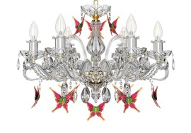 Detail 2 of a crystal chandelier with red butterflies