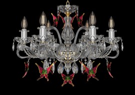 Detail of a crystal chandelier with red butterflies