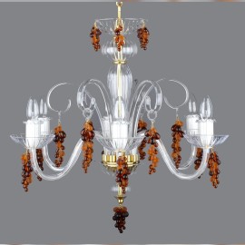 6-arm blown crystal glass chandelier decorated with clear and frosted glass grapes