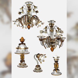 Design collection of Murano chandeliers and lamps made of amber and clear glass