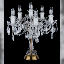 Decorative crystal table lamp with six bulbs - antique brass, crystal almonds