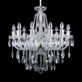 Crystal chandelier with ten glass arms and shiny silver metal for a smaller living room