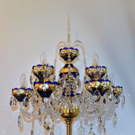 Dark Blue 9-arm crystal floor lamp with with glass flowers on the golden 24K background