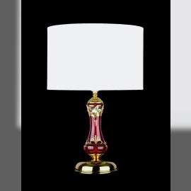Lamp with cylindrical textile shade and ruby ​​glass base