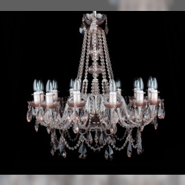 12-arm crystal chandelier in pastel pink-brown color.