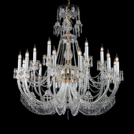 18-arm crystal chandelier with decorated glass arms (cut bells and pointed prisms)