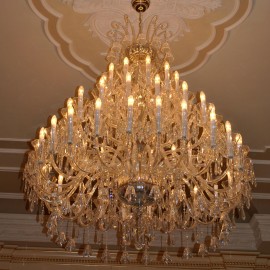 The large 42 arms design crystal chandelier with crystal bells & blown glass vases