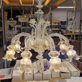 8-arm Murano chandelier in clear glass with 24K gold flakes