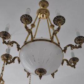 The 8 Arms Cast brass basket chandelier - cut sandblasted glass