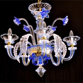 Blue Murano chandeliers with flowers - combination of clear and colored glass