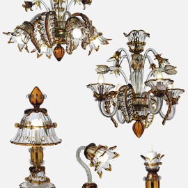 Design collection of Murano chandeliers and lamps made of amber and clear glass