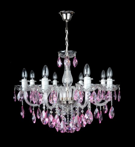 The 8-arm violet crystal chandelier with smooth glass arms & Cut violet fuchsia almonds. Silver metal finish.