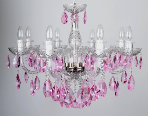 8 Arms Crystal chandelier with smooth glass arms & Cut violet fuchsia almonds