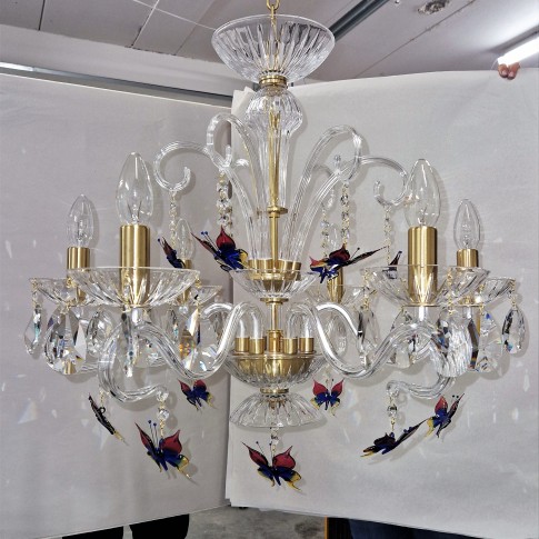 6-arm crystal chandelier with red-blue glass butterflies