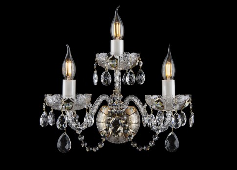 Large 3-arm wall light made of cut crystal decorated with 24K gold and high enamel flowers