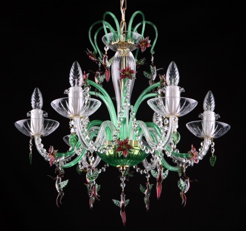 Green 6-arm crystal chandelier with birds