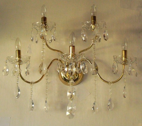 5 Arms tubular brass crystal wall light with cut crystal almonds