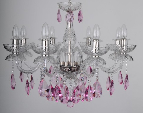 8 Arms Crystal chandelier with smooth glass arms & Cut violet fuchsia almonds