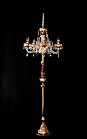5 Arms Red crystal floor lamp with with glass flowers on the Gold background