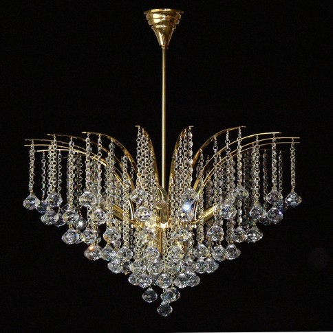 Crown-shaped chandelier made of golden brass with cut crystal balls