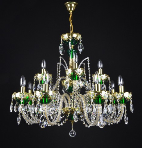 12 Arms Green enameled crystal chandelier with glass flowers on the gold base