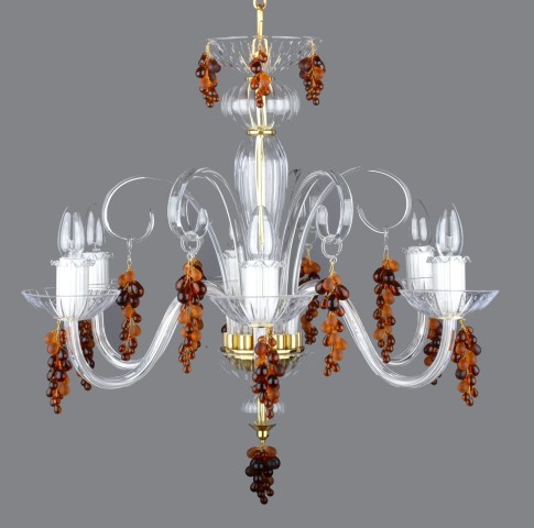 6-arm blown crystal glass chandelier decorated with clear and frosted glass grapes