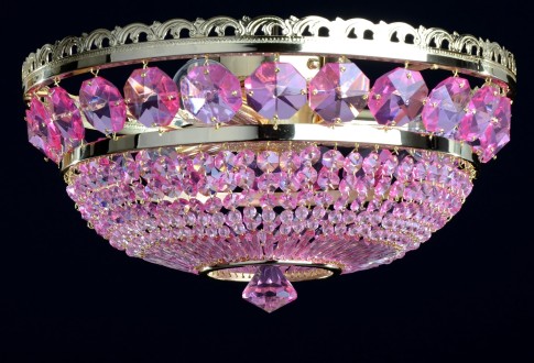 3 Bulbs surface-mounted basket crystal chandelier with large cut fuchsia octagons - Gold brass
