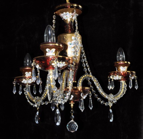 Ruby red crystal chandelier with 3 glass arms