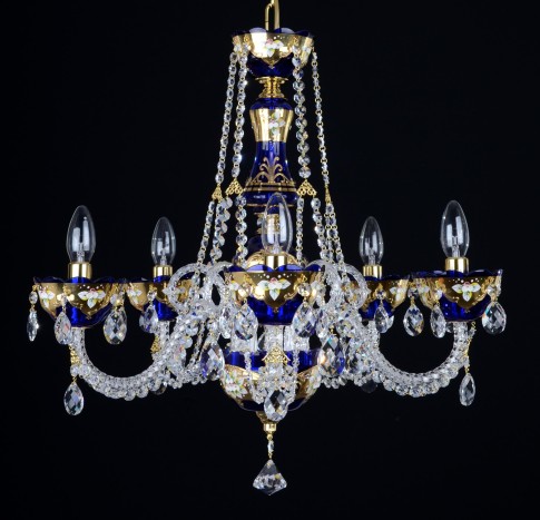 5 Arms Blue enameled crystal chandelier with glass flowers on the gold base