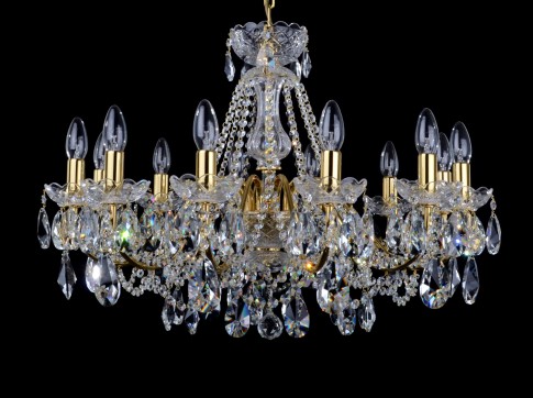 Det1 - The 12 Arms gold brass crystal chandelier with cut crystal almonds. Polished brass.