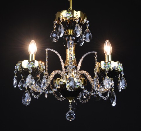 Lit small black crystal chandelier with flowers