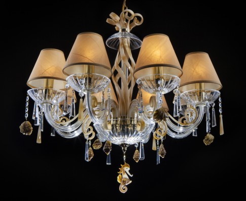 Creamy crystal chandelier with lamp shades and shells